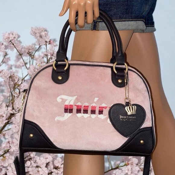 Juicy Couture Handbags - Juicy Couture Retro Vibe Pink Velour Brown Trim with Heart Charm Satchel Bag NWT